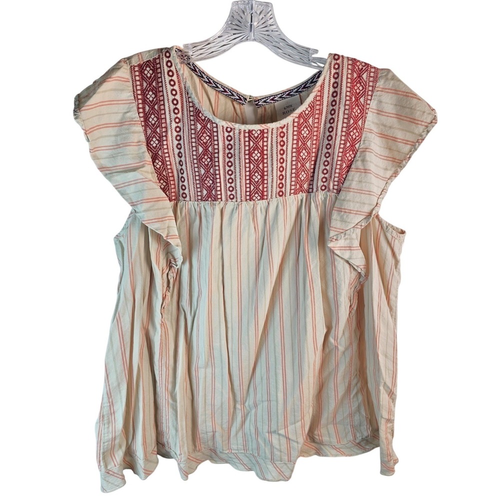 Knox Rose Womens XXL Pink Striped Embroidered Ruffle Cap Sleeve Boho Blouse